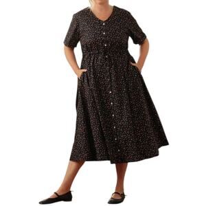 Tradlands Nell Midi Dress Black Red Button Down Floral Short Sleeve Cotton XS